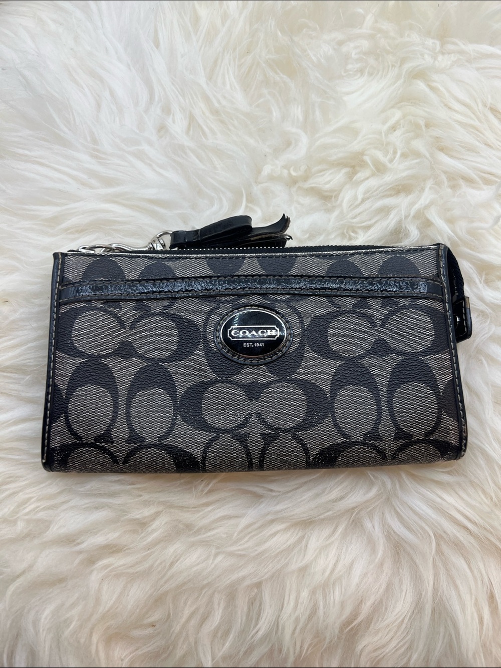 Coach Black Signature Monogram Zip Wallet